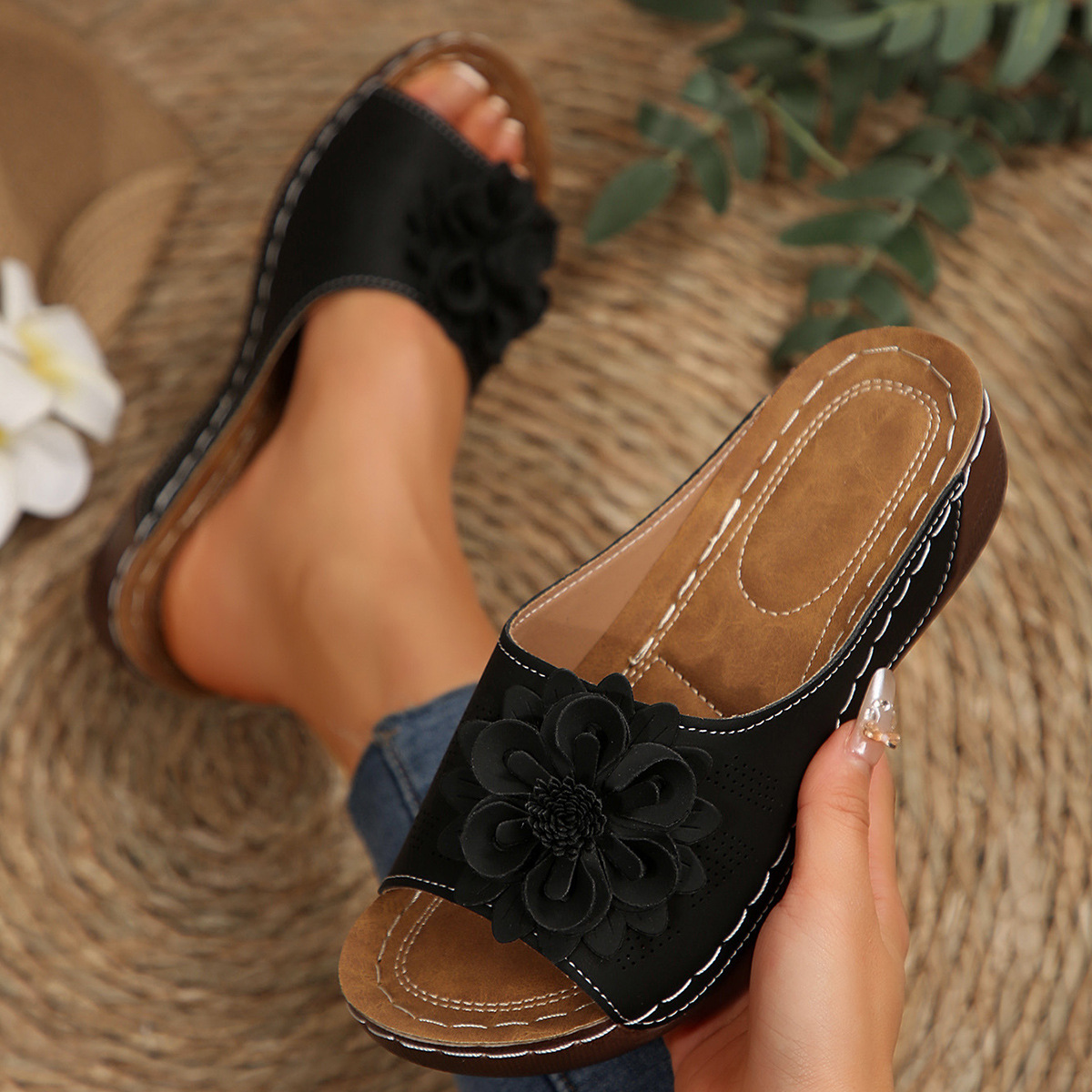 Women’s Floral Wedge Slide Sandals – Open-Toe Summer Comfort Mules