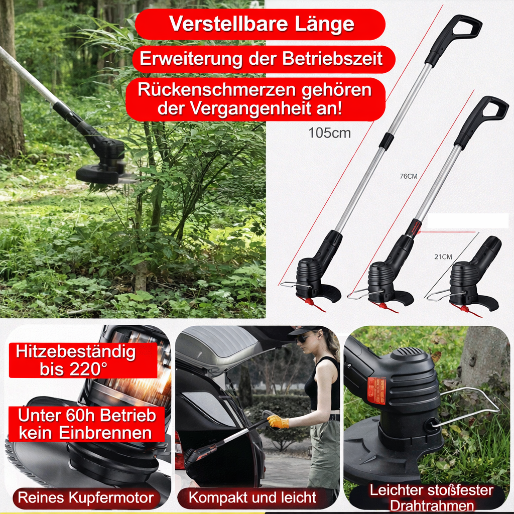 Akku-Rasentrimmer mit Teleskopstiel: Ultraleichtes Design für müheloses Trimmen ohne Kabel – Inkl. Zubehör