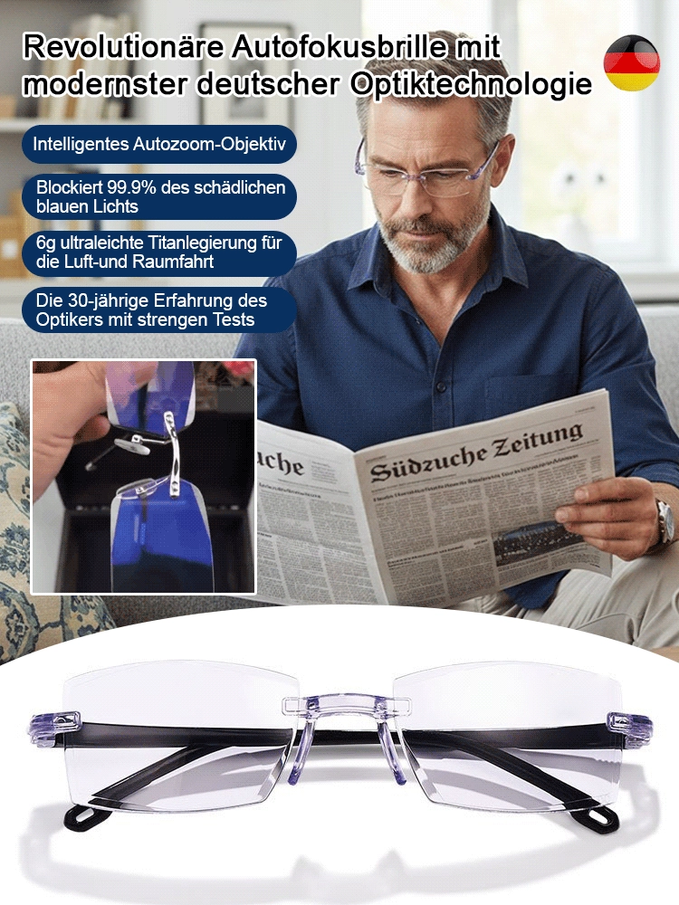 Smarte Brille mit Autofokus-Technologie ✨ Ohne Sehtest passt sich die Sehstärke automatisch Ihren Augen an – von -7,0 bis +7,0 Dioptrien. ✨ Zudem bieten die Gläser einen Schutz von 99,9 % gegen schädliches Blaulicht. ✨