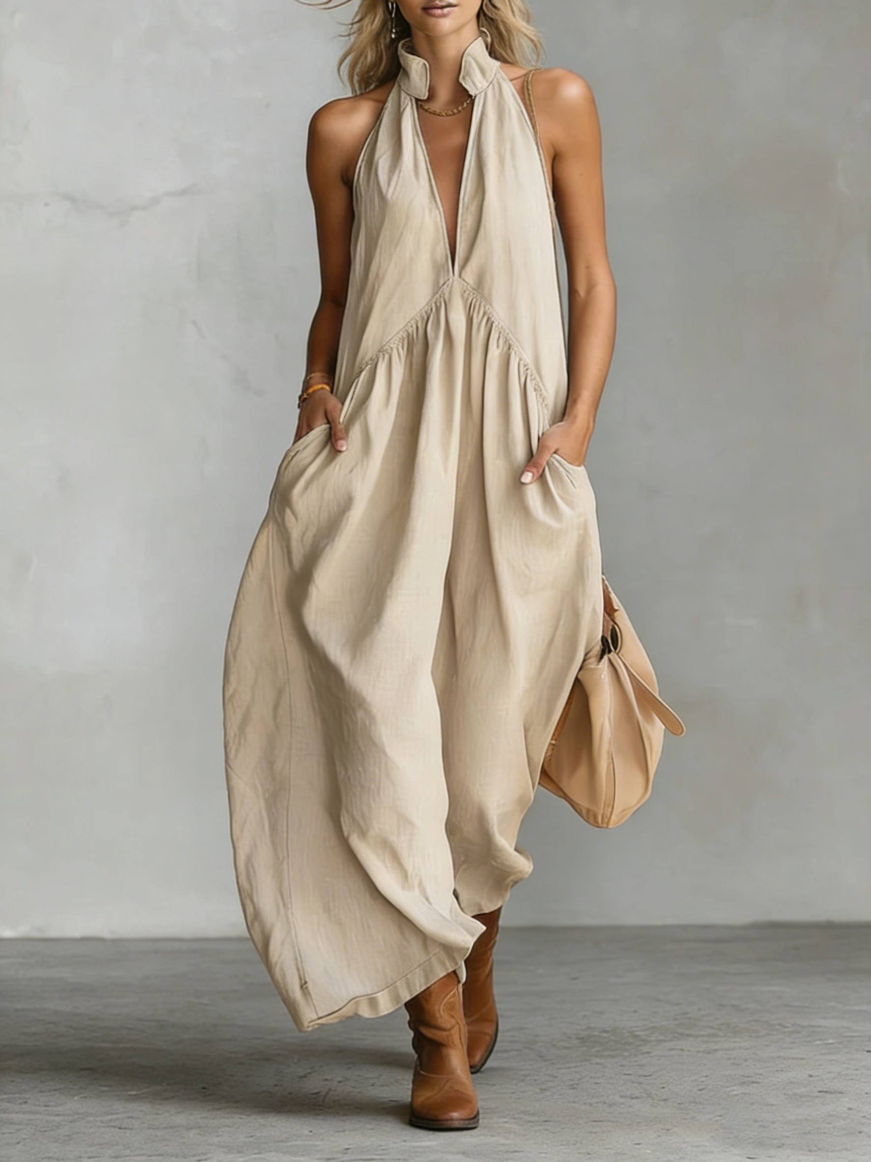 Minimalist Halter Maxi Dress — Casual, Loose-Fit Dress with Pockets