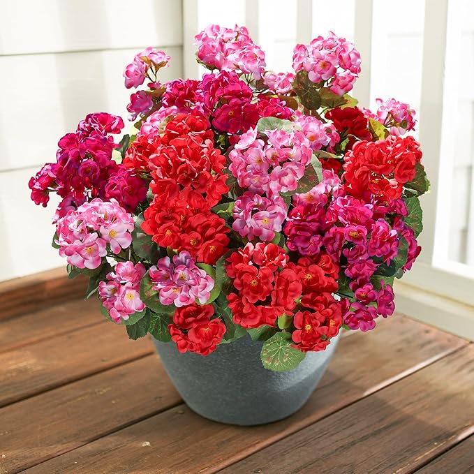 Artificial Geranium Fake Flowers for Outdoors Decoration, 6 Bundles Silk Geraniums Pink Flower UV Resistant Look Real Faux Plants for Outside Planter Front Door Garden Porch Patio Balcony Yard Home