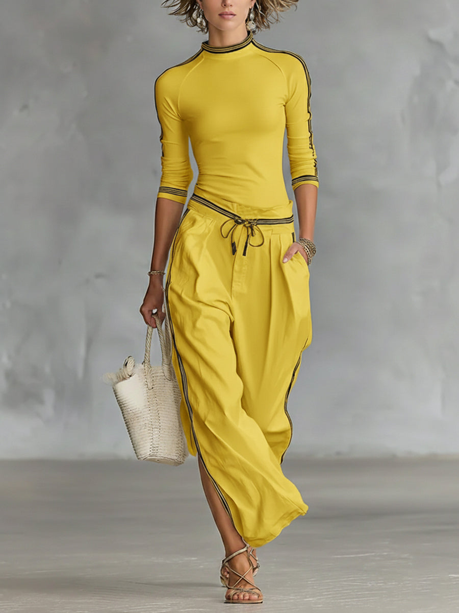 Women’s Cozy Stretch Knit Top And Linen And Cotton Trousers Two-piece Set