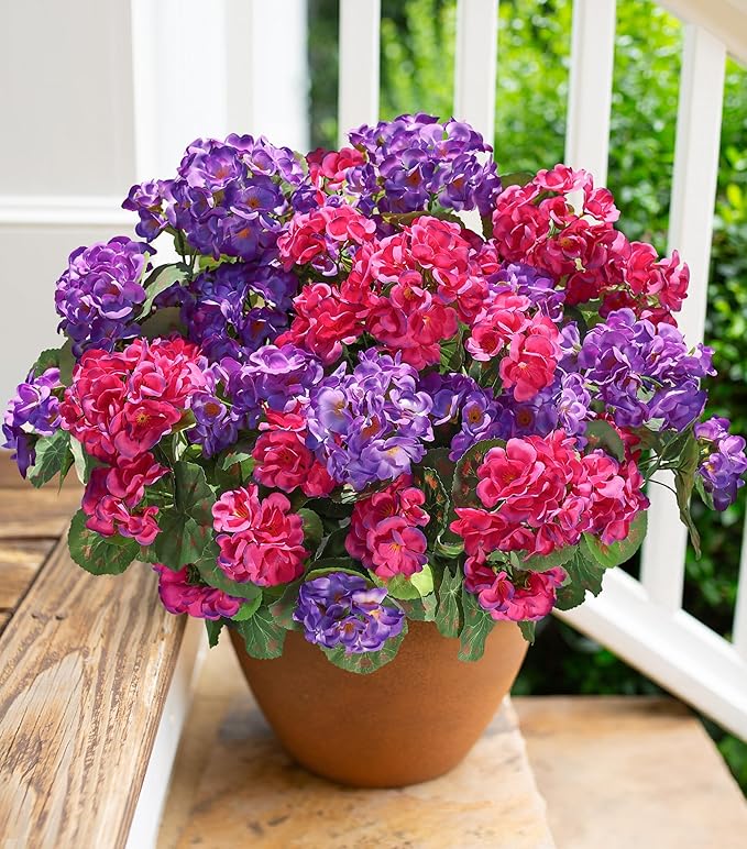 Artificial Geranium Fake Flowers for Outdoors Decoration, 6 Bundles Silk Geraniums Pink Flower UV Resistant Look Real Faux Plants for Outside Planter Front Door Garden Porch Patio Balcony Yard Home