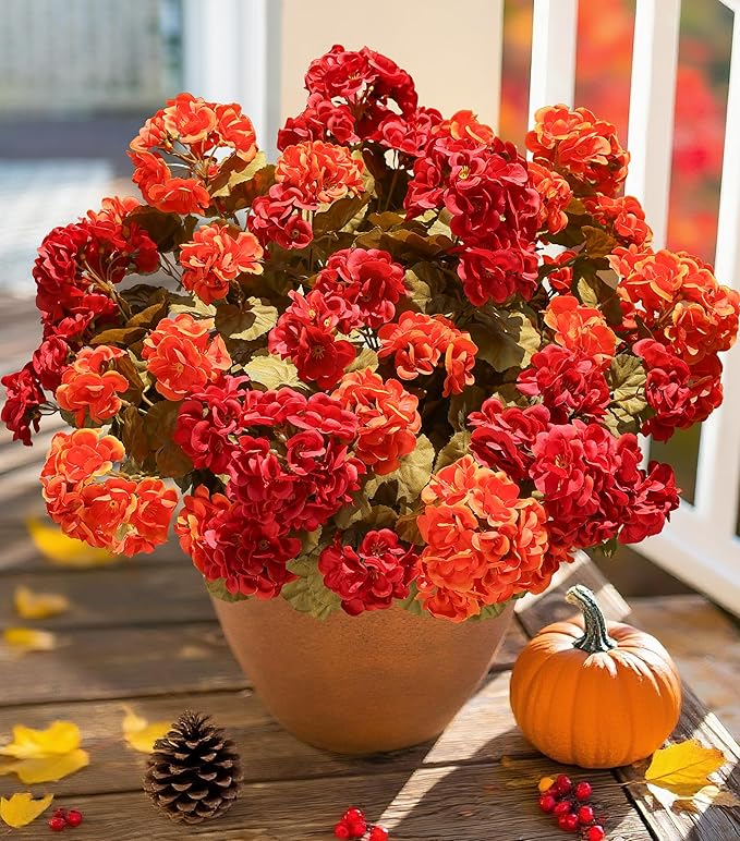 Artificial Geranium Fake Flowers for Outdoors Decoration, 6 Bundles Silk Geraniums Pink Flower UV Resistant Look Real Faux Plants for Outside Planter Front Door Garden Porch Patio Balcony Yard Home