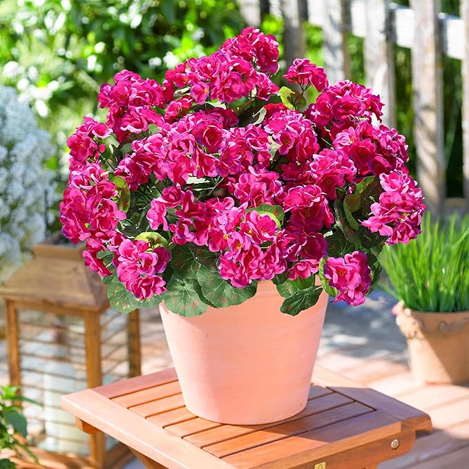 Artificial Geranium Fake Flowers for Outdoors Decoration, 6 Bundles Silk Geraniums Pink Flower UV Resistant Look Real Faux Plants for Outside Planter Front Door Garden Porch Patio Balcony Yard Home