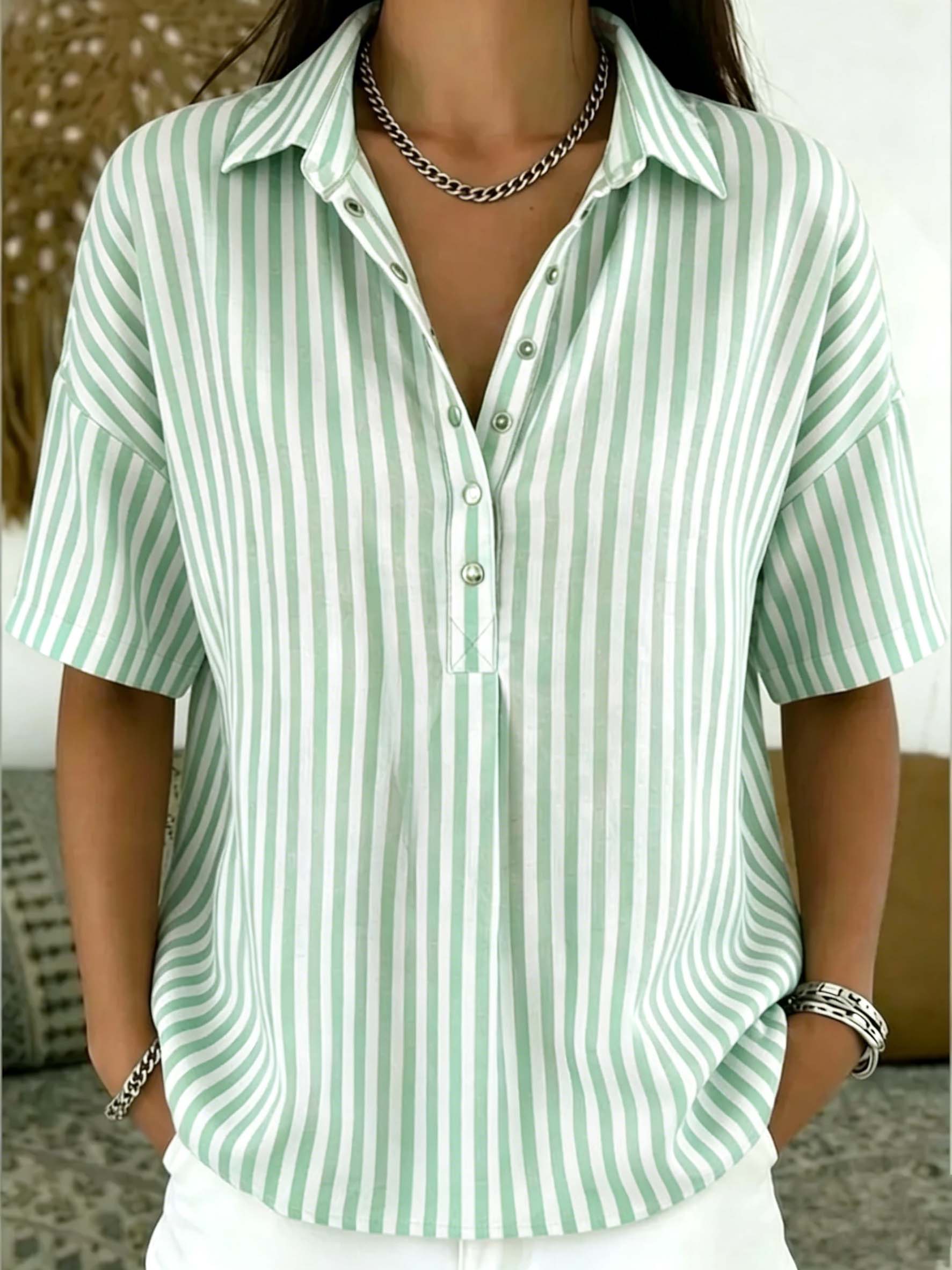 Casual Striped Polo Collar Snap Buttons Cotton-linen Shirt