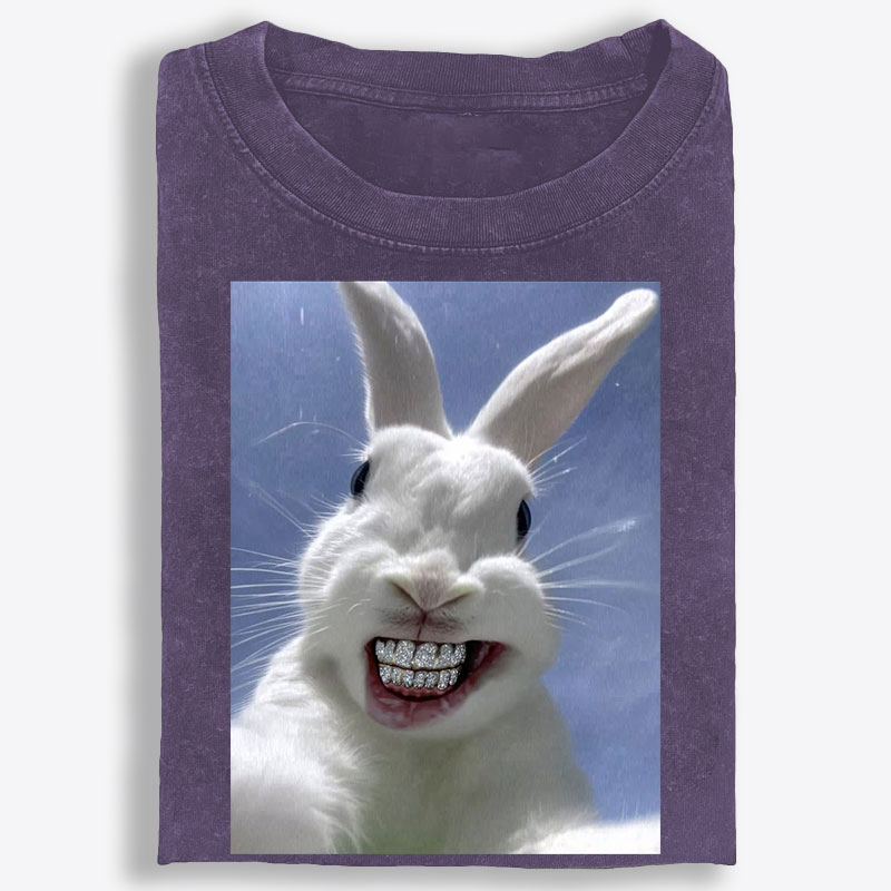 Diamond Teeth Rabbit Retro Washed T-Shirt | 100% Cotton | Streetwear Essential