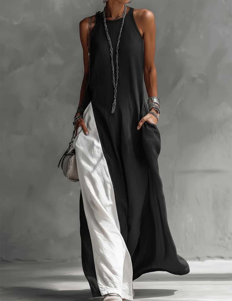 🔥2026 New Arrivals🔥Women's Cotton Linen Asymmetric Sleeveless Color-block Side Slit Maxi Dress