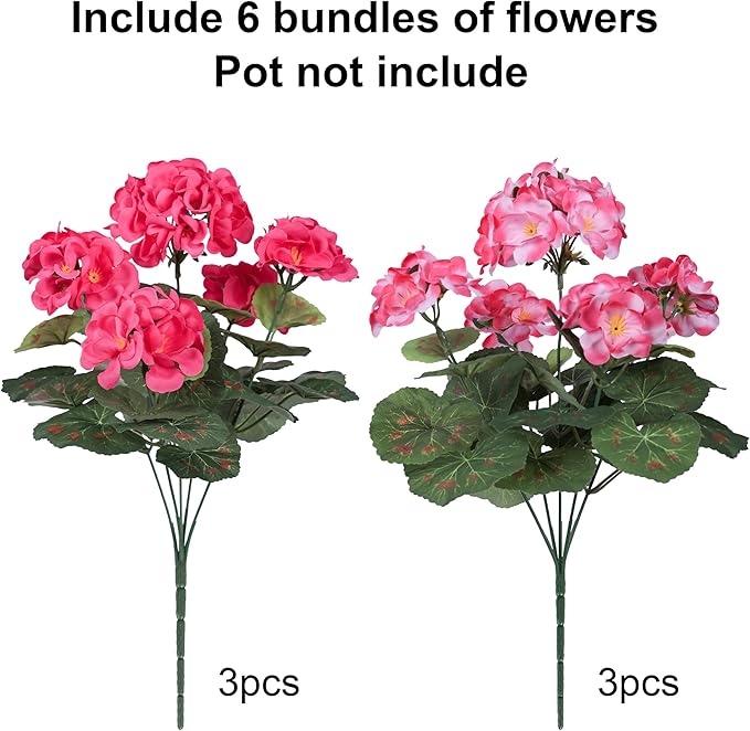 Artificial Geranium Fake Flowers for Outdoors Decoration, 6 Bundles Silk Geraniums Pink Flower UV Resistant Look Real Faux Plants for Outside Planter Front Door Garden Porch Patio Balcony Yard Home