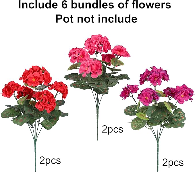 Artificial Geranium Fake Flowers for Outdoors Decoration, 6 Bundles Silk Geraniums Pink Flower UV Resistant Look Real Faux Plants for Outside Planter Front Door Garden Porch Patio Balcony Yard Home