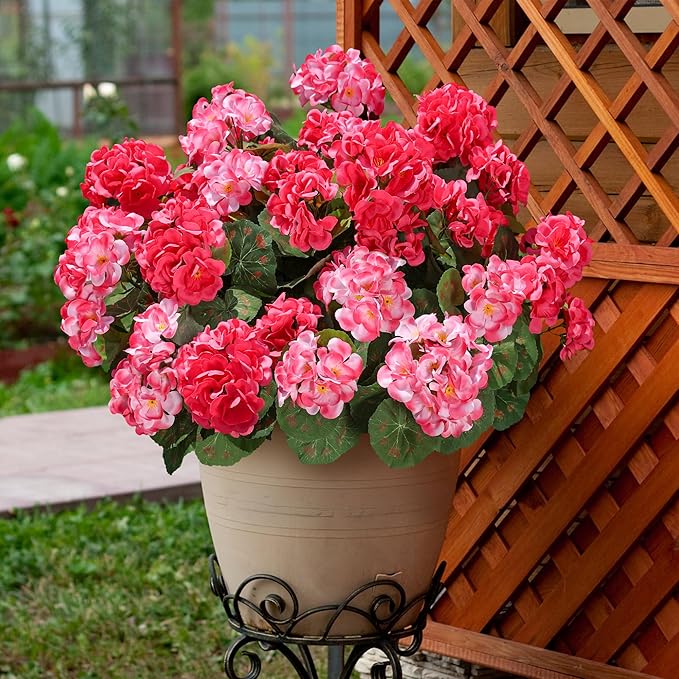 Artificial Geranium Fake Flowers for Outdoors Decoration, 6 Bundles Silk Geraniums Pink Flower UV Resistant Look Real Faux Plants for Outside Planter Front Door Garden Porch Patio Balcony Yard Home