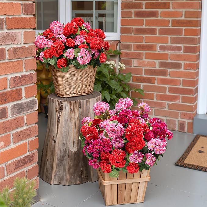 Artificial Geranium Fake Flowers for Outdoors Decoration, 6 Bundles Silk Geraniums Pink Flower UV Resistant Look Real Faux Plants for Outside Planter Front Door Garden Porch Patio Balcony Yard Home