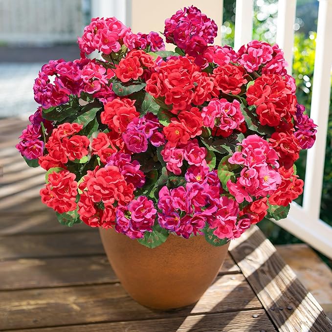 Artificial Geranium Fake Flowers for Outdoors Decoration, 6 Bundles Silk Geraniums Pink Flower UV Resistant Look Real Faux Plants for Outside Planter Front Door Garden Porch Patio Balcony Yard Home