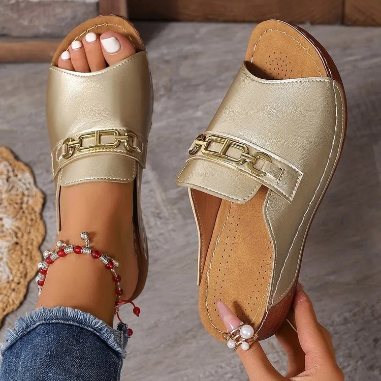 Metallic Buckle Wedge Mules – Easy Slip-On with Arch Support