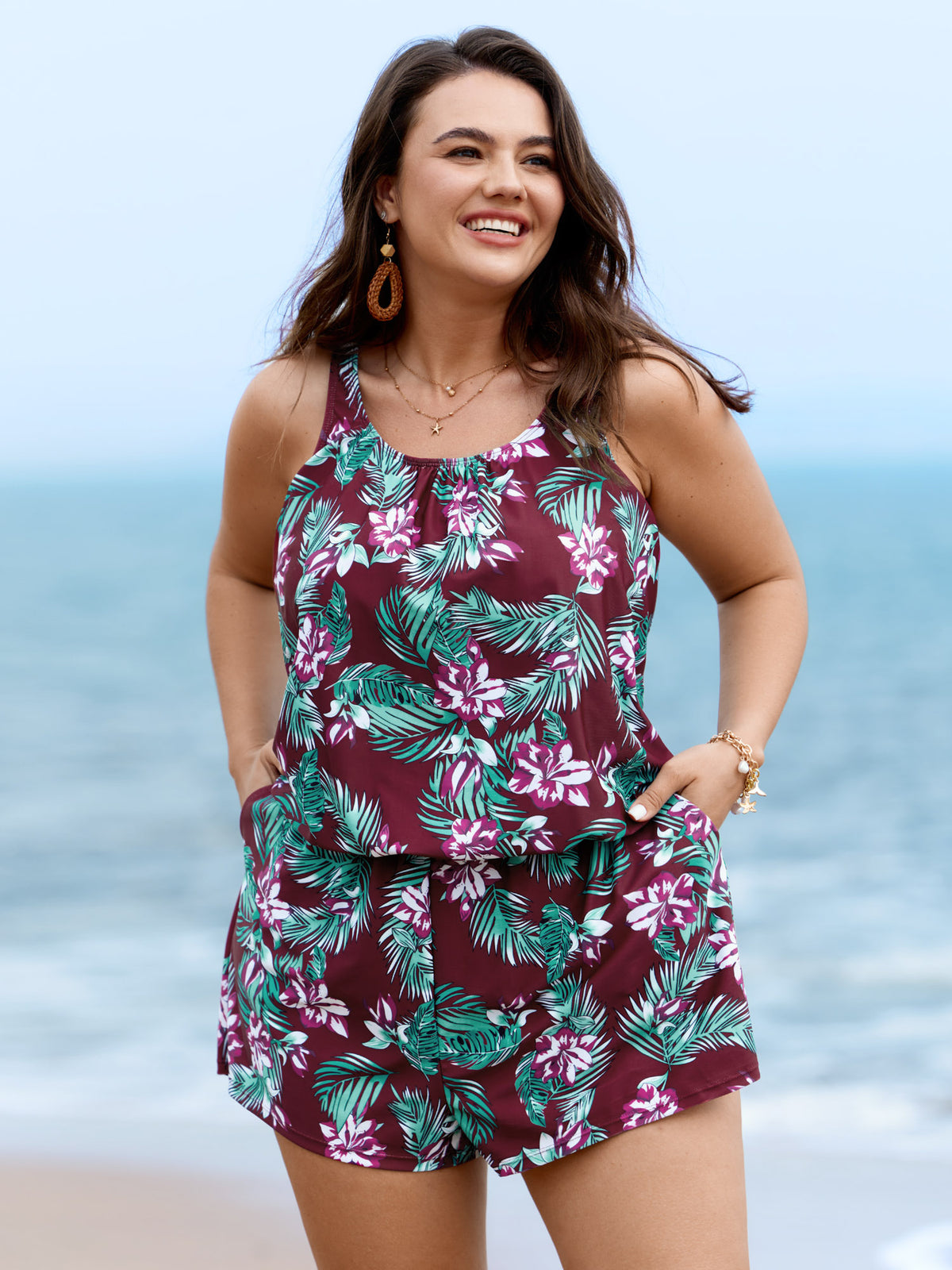 🌴Tropical Flower Print Pockets One-Piece Swimsuit