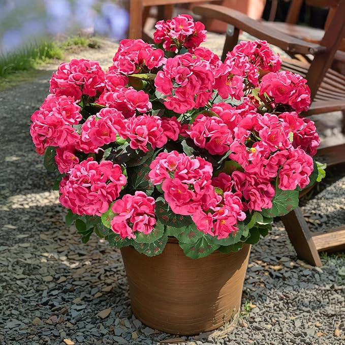Artificial Geranium Fake Flowers for Outdoors Decoration, 6 Bundles Silk Geraniums Pink Flower UV Resistant Look Real Faux Plants for Outside Planter Front Door Garden Porch Patio Balcony Yard Home