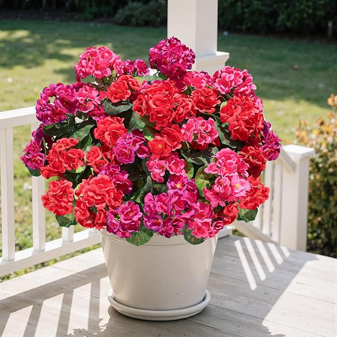 Artificial Geranium Fake Flowers for Outdoors Decoration, 6 Bundles Silk Geraniums Pink Flower UV Resistant Look Real Faux Plants for Outside Planter Front Door Garden Porch Patio Balcony Yard Home