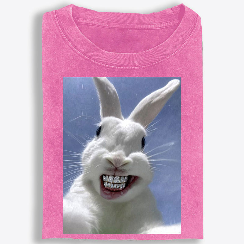 Diamond Teeth Rabbit Retro Washed T-Shirt | 100% Cotton | Streetwear Essential