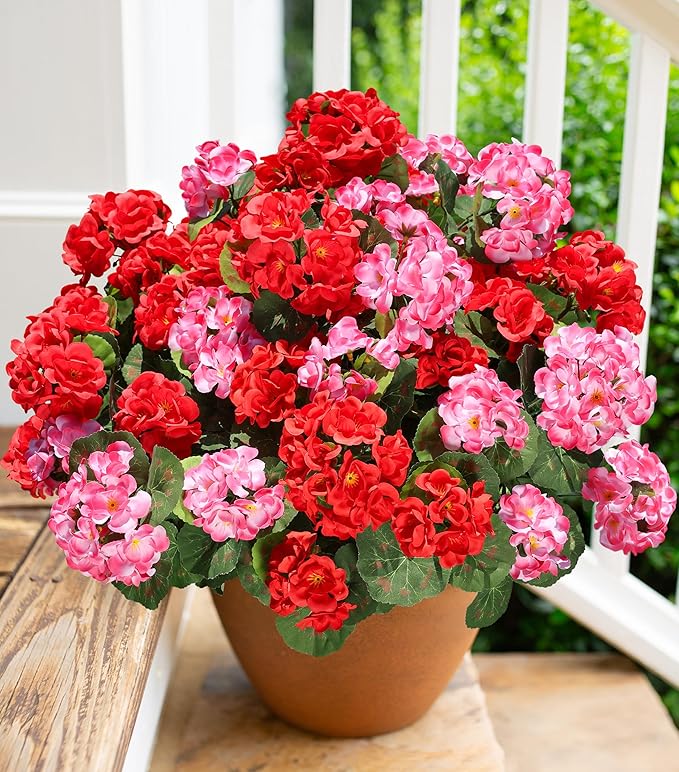 Artificial Geranium Fake Flowers for Outdoors Decoration, 6 Bundles Silk Geraniums Pink Flower UV Resistant Look Real Faux Plants for Outside Planter Front Door Garden Porch Patio Balcony Yard Home