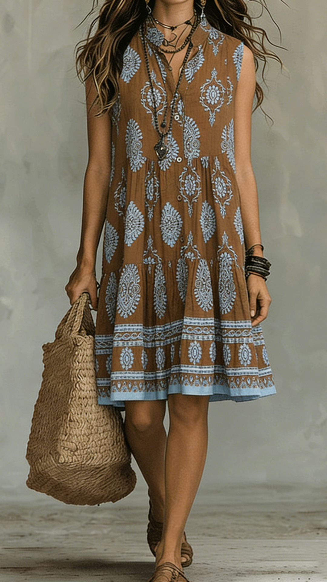 Bohemian-Style Printed Sleeveless Maxi Dress with Shirt Collar
