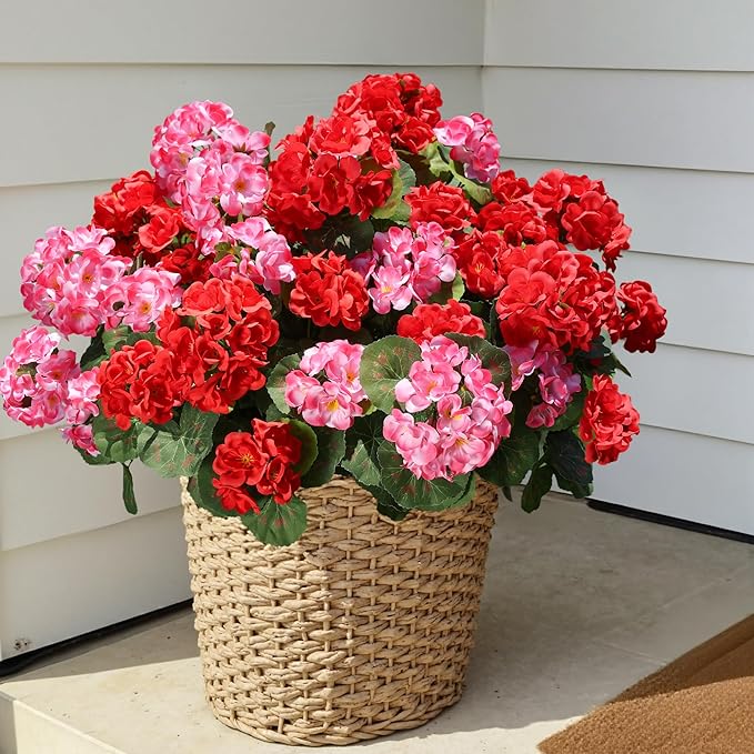 Artificial Geranium Fake Flowers for Outdoors Decoration, 6 Bundles Silk Geraniums Pink Flower UV Resistant Look Real Faux Plants for Outside Planter Front Door Garden Porch Patio Balcony Yard Home