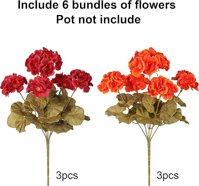 Artificial Geranium Fake Flowers for Outdoors Decoration, 6 Bundles Silk Geraniums Pink Flower UV Resistant Look Real Faux Plants for Outside Planter Front Door Garden Porch Patio Balcony Yard Home
