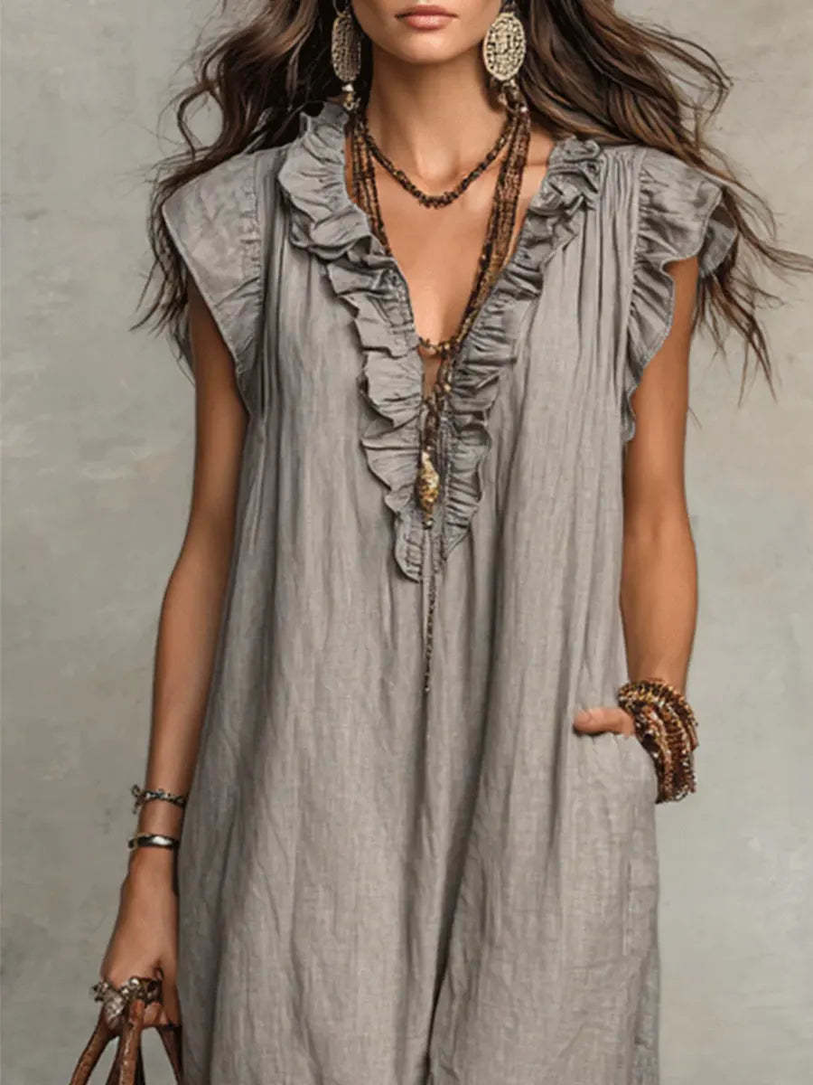 Women's Solid Color Ruffled Art Casual Fashion Cozy Cotton Linen Dress