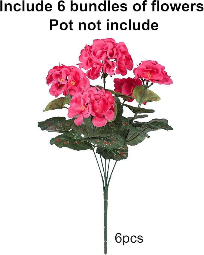 Artificial Geranium Fake Flowers for Outdoors Decoration, 6 Bundles Silk Geraniums Pink Flower UV Resistant Look Real Faux Plants for Outside Planter Front Door Garden Porch Patio Balcony Yard Home
