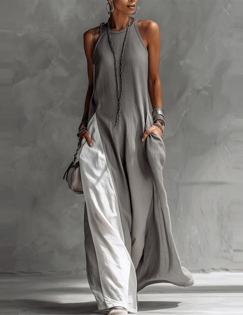 🔥2026 New Arrivals🔥Women's Cotton Linen Asymmetric Sleeveless Color-block Side Slit Maxi Dress