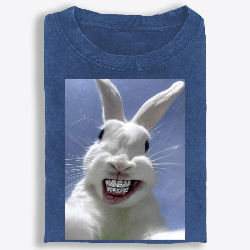 Diamond Teeth Rabbit Retro Washed T-Shirt | 100% Cotton | Streetwear Essential
