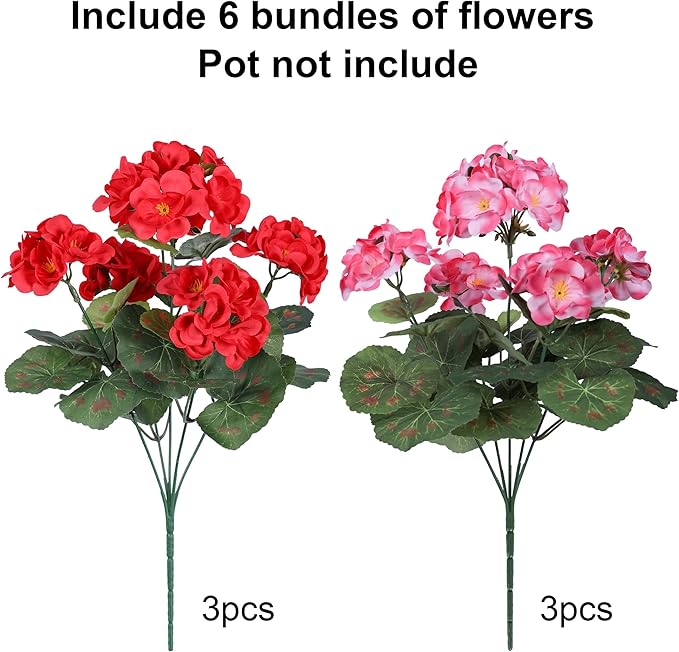 Artificial Geranium Fake Flowers for Outdoors Decoration, 6 Bundles Silk Geraniums Pink Flower UV Resistant Look Real Faux Plants for Outside Planter Front Door Garden Porch Patio Balcony Yard Home