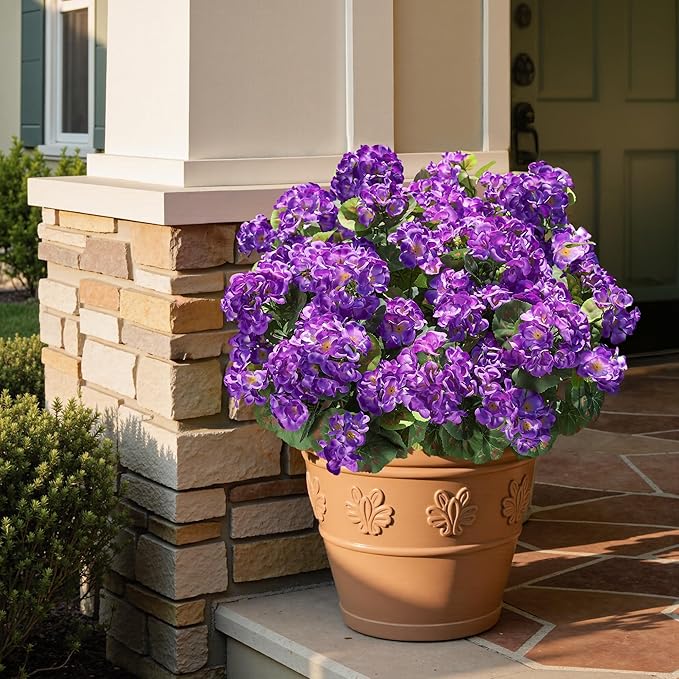 Artificial Geranium Fake Flowers for Outdoors Decoration, 6 Bundles Silk Geraniums Pink Flower UV Resistant Look Real Faux Plants for Outside Planter Front Door Garden Porch Patio Balcony Yard Home