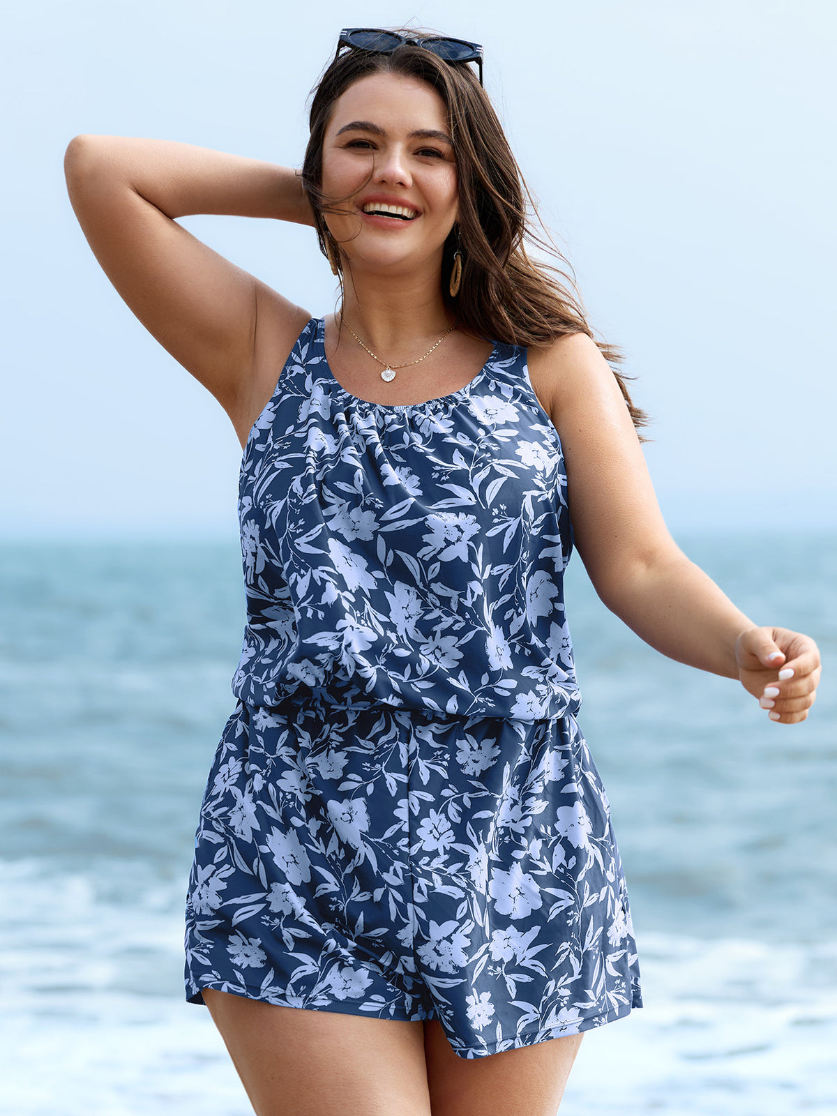 Tropical Flower Print Pockets One-Piece Swimsuit cerulean beach front view