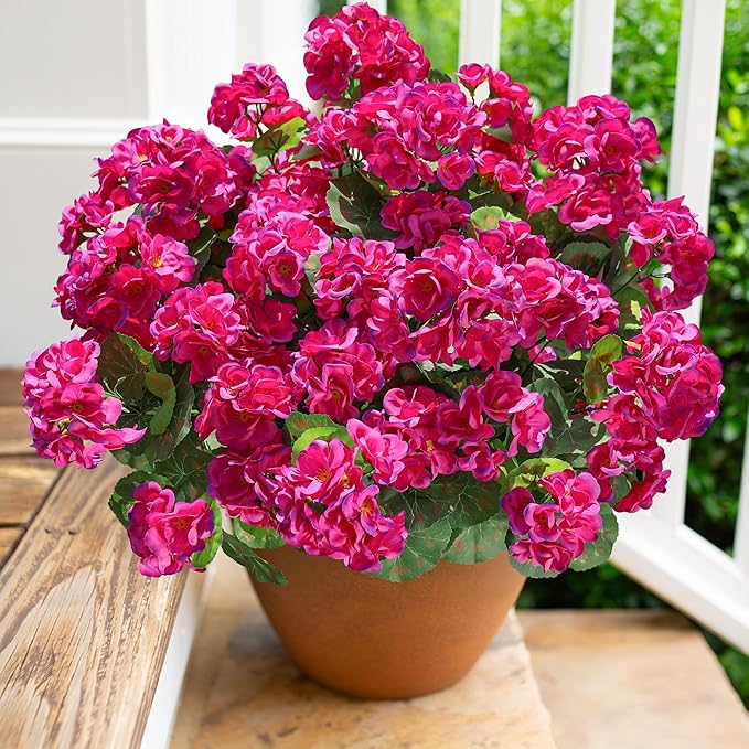 Artificial Geranium Fake Flowers for Outdoors Decoration, 6 Bundles Silk Geraniums Pink Flower UV Resistant Look Real Faux Plants for Outside Planter Front Door Garden Porch Patio Balcony Yard Home