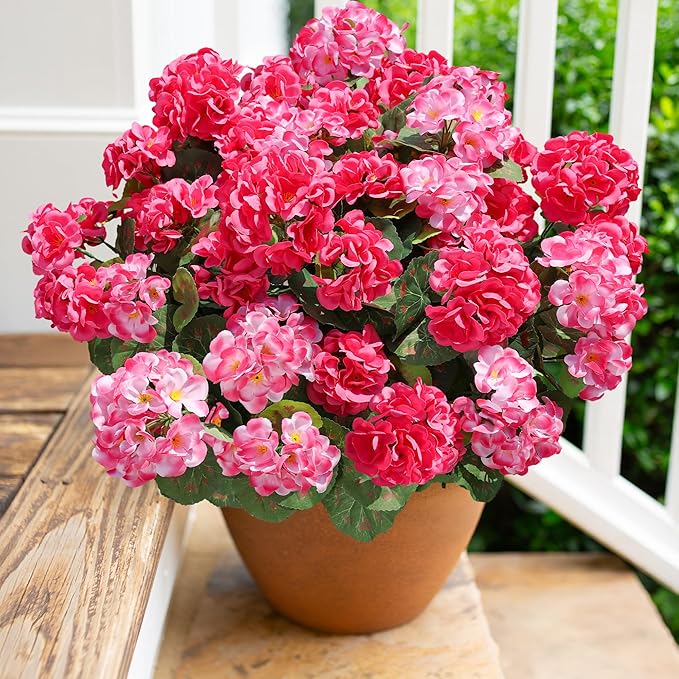 Artificial Geranium Fake Flowers for Outdoors Decoration, 6 Bundles Silk Geraniums Pink Flower UV Resistant Look Real Faux Plants for Outside Planter Front Door Garden Porch Patio Balcony Yard Home