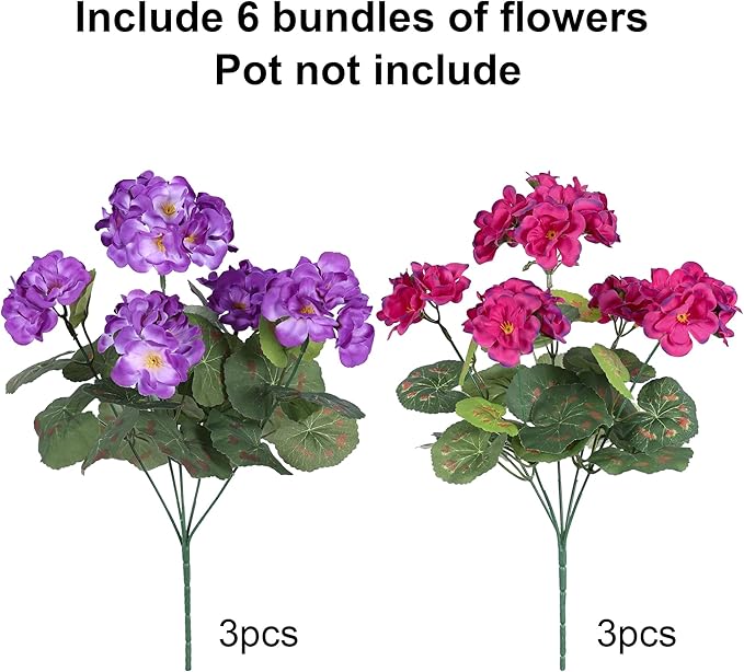 Artificial Geranium Fake Flowers for Outdoors Decoration, 6 Bundles Silk Geraniums Pink Flower UV Resistant Look Real Faux Plants for Outside Planter Front Door Garden Porch Patio Balcony Yard Home