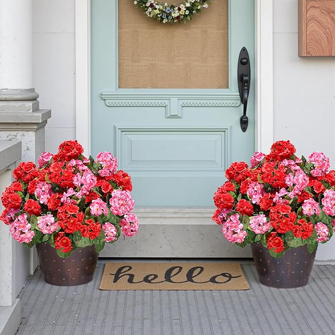 Artificial Geranium Fake Flowers for Outdoors Decoration, 6 Bundles Silk Geraniums Pink Flower UV Resistant Look Real Faux Plants for Outside Planter Front Door Garden Porch Patio Balcony Yard Home
