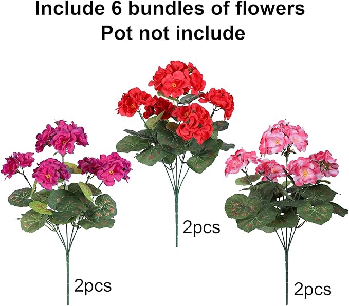 Artificial Geranium Fake Flowers for Outdoors Decoration, 6 Bundles Silk Geraniums Pink Flower UV Resistant Look Real Faux Plants for Outside Planter Front Door Garden Porch Patio Balcony Yard Home