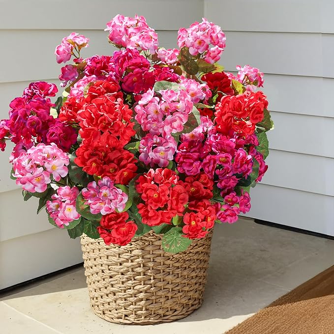 Artificial Geranium Fake Flowers for Outdoors Decoration, 6 Bundles Silk Geraniums Pink Flower UV Resistant Look Real Faux Plants for Outside Planter Front Door Garden Porch Patio Balcony Yard Home