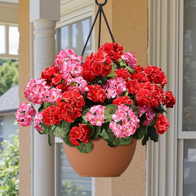Artificial Geranium Fake Flowers for Outdoors Decoration, 6 Bundles Silk Geraniums Pink Flower UV Resistant Look Real Faux Plants for Outside Planter Front Door Garden Porch Patio Balcony Yard Home