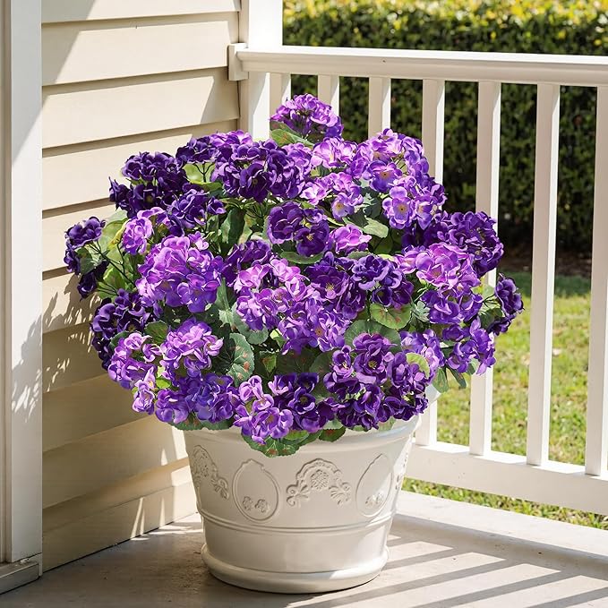 Artificial Geranium Fake Flowers for Outdoors Decoration, 6 Bundles Silk Geraniums Pink Flower UV Resistant Look Real Faux Plants for Outside Planter Front Door Garden Porch Patio Balcony Yard Home