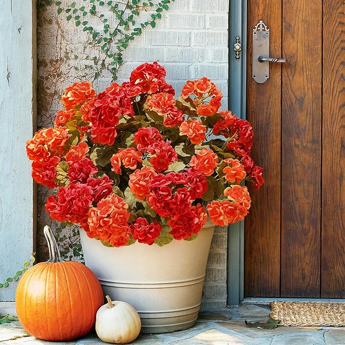 Artificial Geranium Fake Flowers for Outdoors Decoration, 6 Bundles Silk Geraniums Pink Flower UV Resistant Look Real Faux Plants for Outside Planter Front Door Garden Porch Patio Balcony Yard Home