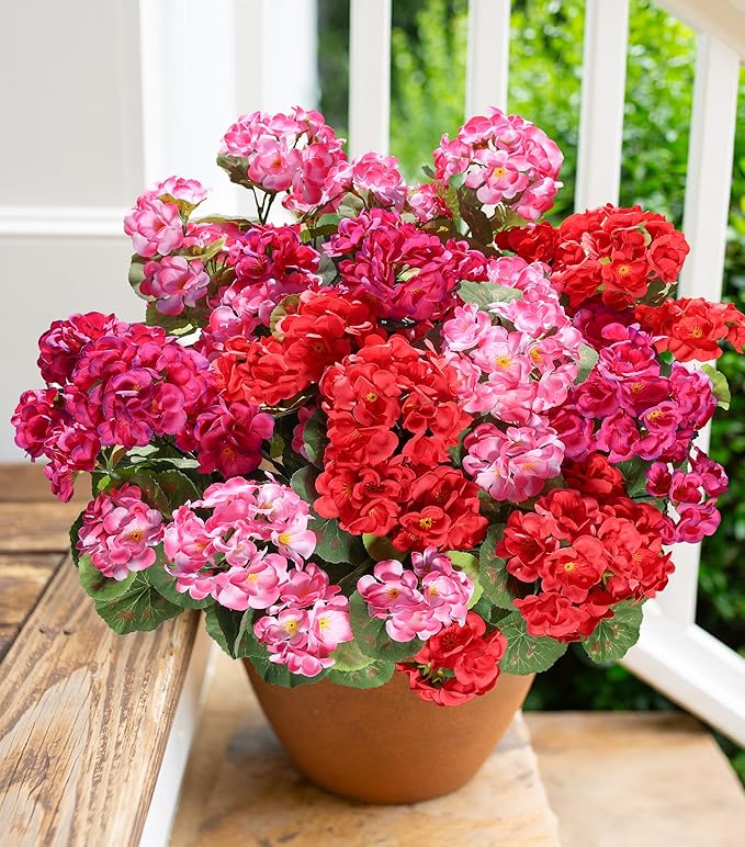 Artificial Geranium Fake Flowers for Outdoors Decoration, 6 Bundles Silk Geraniums Pink Flower UV Resistant Look Real Faux Plants for Outside Planter Front Door Garden Porch Patio Balcony Yard Home