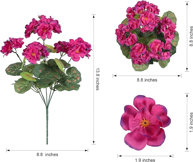 Artificial Geranium Fake Flowers for Outdoors Decoration, 6 Bundles Silk Geraniums Pink Flower UV Resistant Look Real Faux Plants for Outside Planter Front Door Garden Porch Patio Balcony Yard Home
