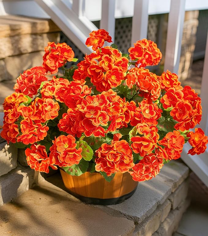 Artificial Geranium Fake Flowers for Outdoors Decoration, 6 Bundles Silk Geraniums Pink Flower UV Resistant Look Real Faux Plants for Outside Planter Front Door Garden Porch Patio Balcony Yard Home
