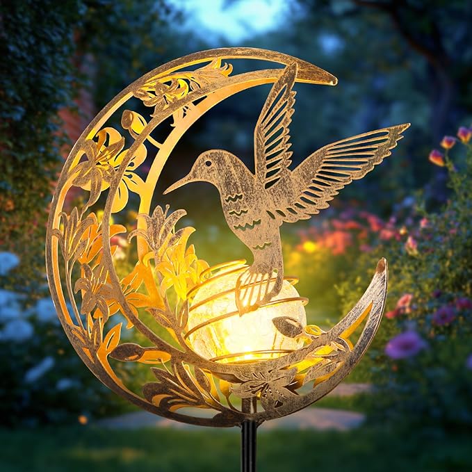 Vintage Hummingbird Moon Solar Light, Metal Art Decor for Outdoor Garden, Patio, Yard