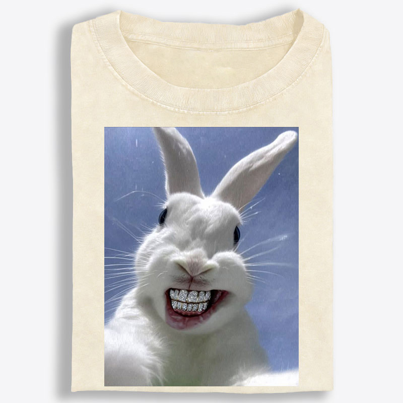 Diamond Teeth Rabbit Retro Washed T-Shirt | 100% Cotton | Streetwear Essential