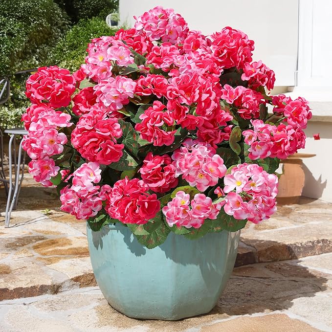 Artificial Geranium Fake Flowers for Outdoors Decoration, 6 Bundles Silk Geraniums Pink Flower UV Resistant Look Real Faux Plants for Outside Planter Front Door Garden Porch Patio Balcony Yard Home