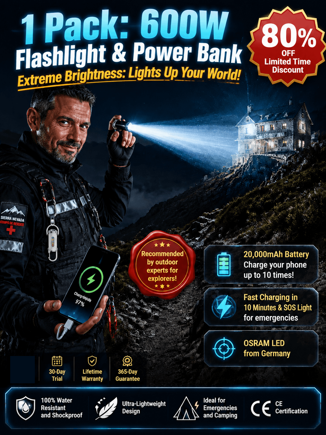 SOS Emergency Light Flashlight 3-in-1 Multifunction