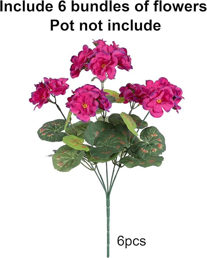 Artificial Geranium Fake Flowers for Outdoors Decoration, 6 Bundles Silk Geraniums Pink Flower UV Resistant Look Real Faux Plants for Outside Planter Front Door Garden Porch Patio Balcony Yard Home